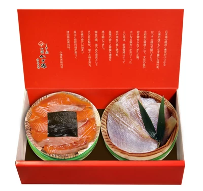 【化粧箱入り半樽（85g）×2個】ふくいサーモンの昆布締め・小鯛の笹漬け