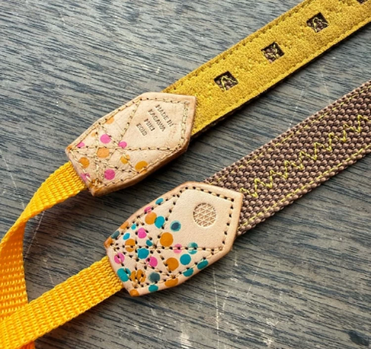 20mmカメラストラップ（スマホ金具つき）キャメル裏地カラシ革ドット染め