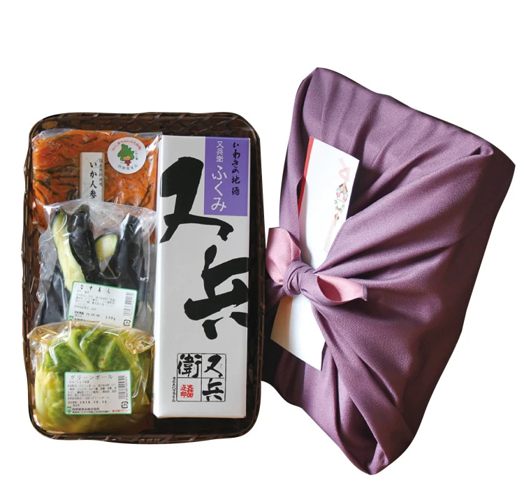 【冷蔵】日本酒と漬物3種詰め合わせ 福（ふく）【竹籠＆風呂敷包】