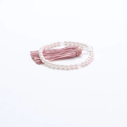 貝パール 念珠 女性用 日本製 8mm玉 貝パール（主玉） 桐箱入り ホワイトパール 正絹房…ピンク