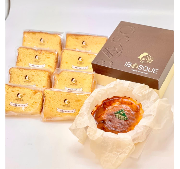 【セット】茨木バスクチーズケーキホール「プレーン」：φ12cm×茨木シフォンケーキ「プレーン」8個セット