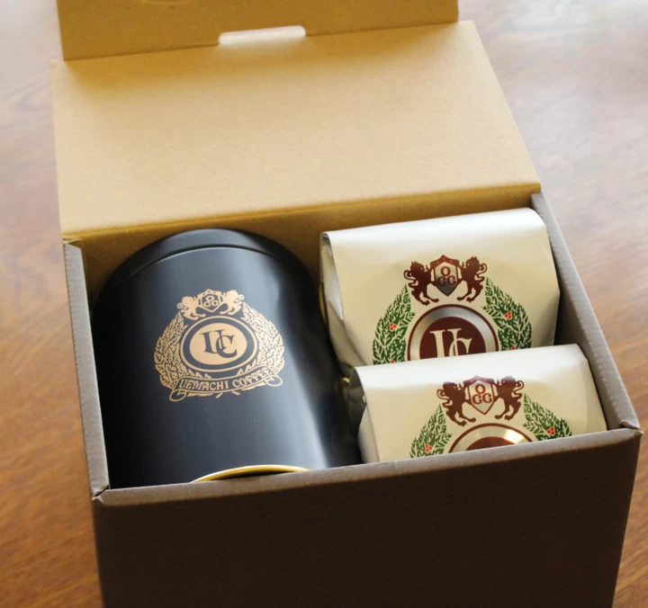 【贈り物ギフト対応】上町オリジナルコーヒー2種＆オリジナル缶ギフト　珈琲200g×2種 保存缶 （豆／粉）