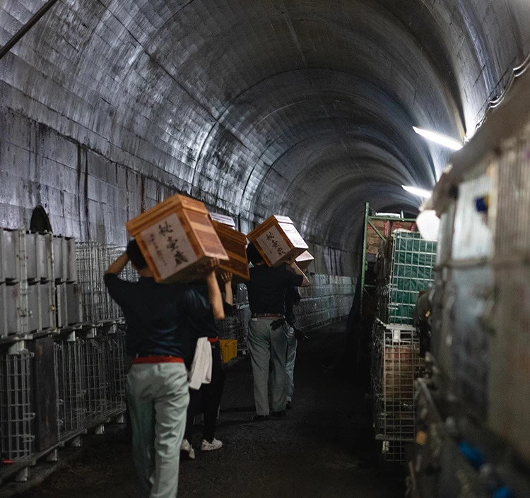 天然の低温貯蔵庫でひと夏じっくり寝かせ、熟成を重ねます。