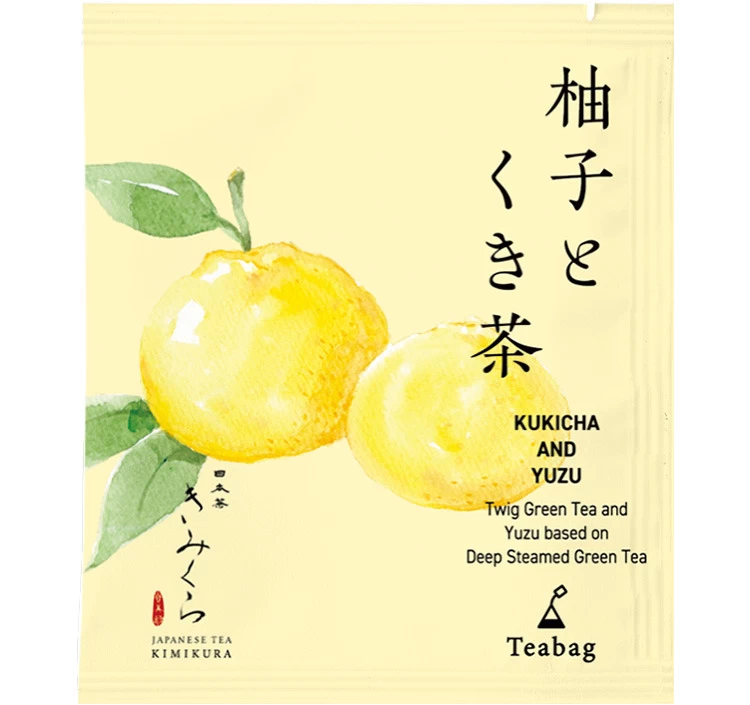 【6,柚子とくき茶】 上質な茎入りの煎茶に有機栽培の国産柚子をブレンド。フルーティーで爽やかな香りと自然な甘みが愉しめて、和菓子ともよく合います。