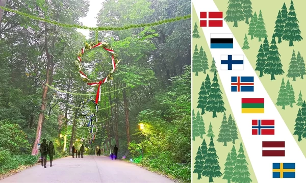 エントランスの巨大花冠ロードは、北欧8ヶ国の国旗をモチーフにおめかし