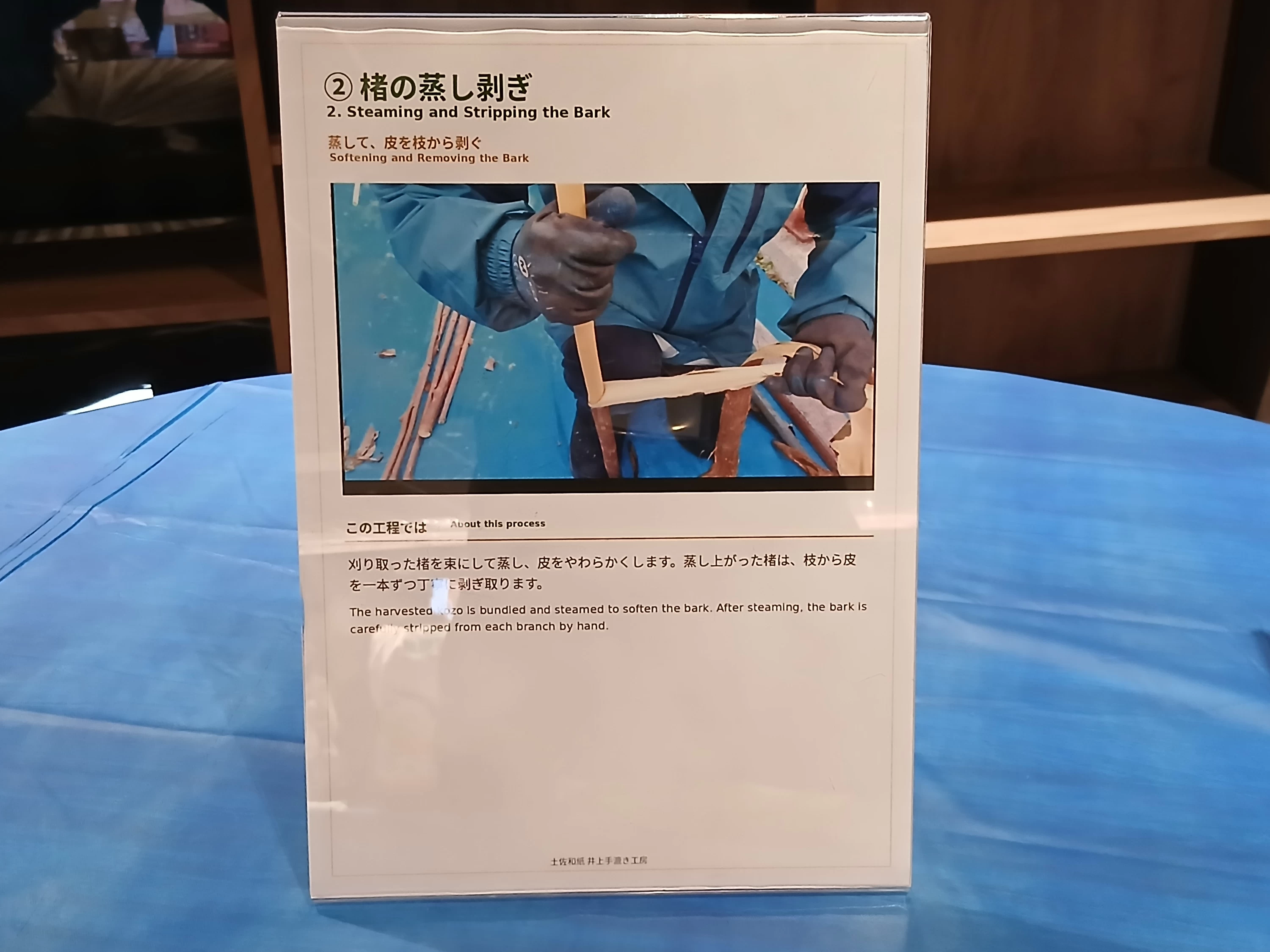 蒸してやわらかくした楮の皮を、枝から1本ずつ剥ぎ取る