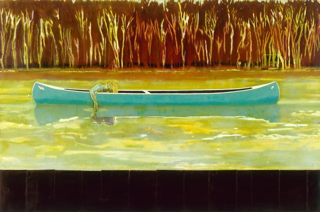 《カヌー=湖》 1997-1998年、油彩・キャンバス、200 x 300 cm、ヤゲオ財団コレクション、台湾 ©Peter Doig. Yageo Foundation Collection, Taiwan. All rights reserved, DACS & JASPAR 2020 C3120