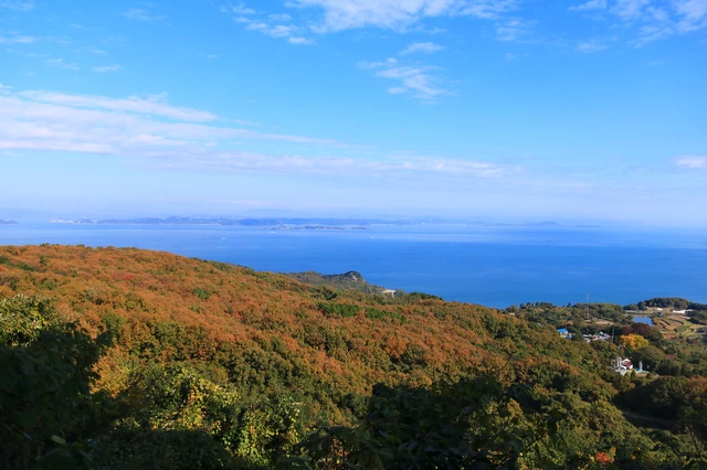瀬戸内海・豊島で見た紅葉と海のコントラスト。