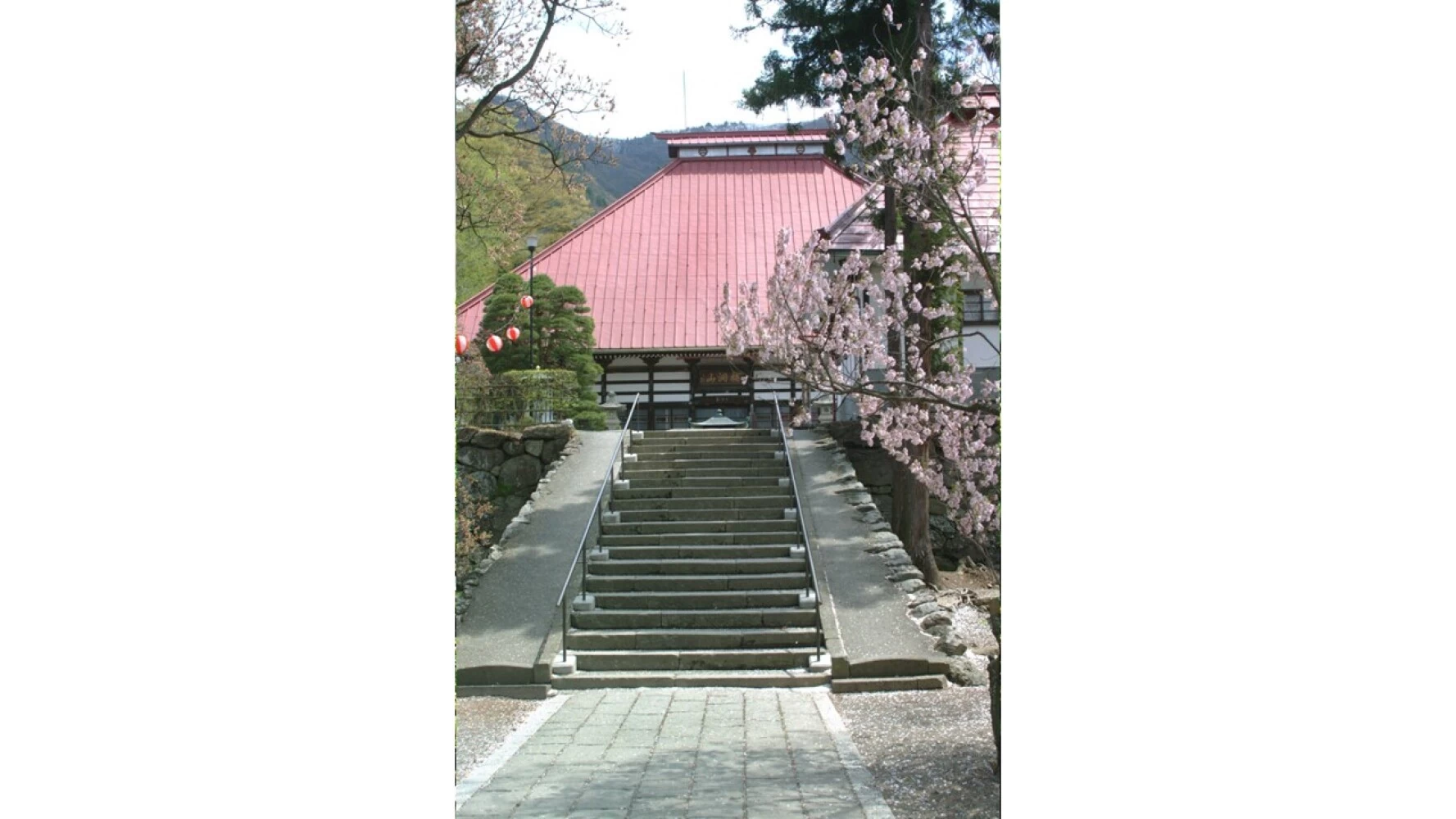 春の本堂前階段入口