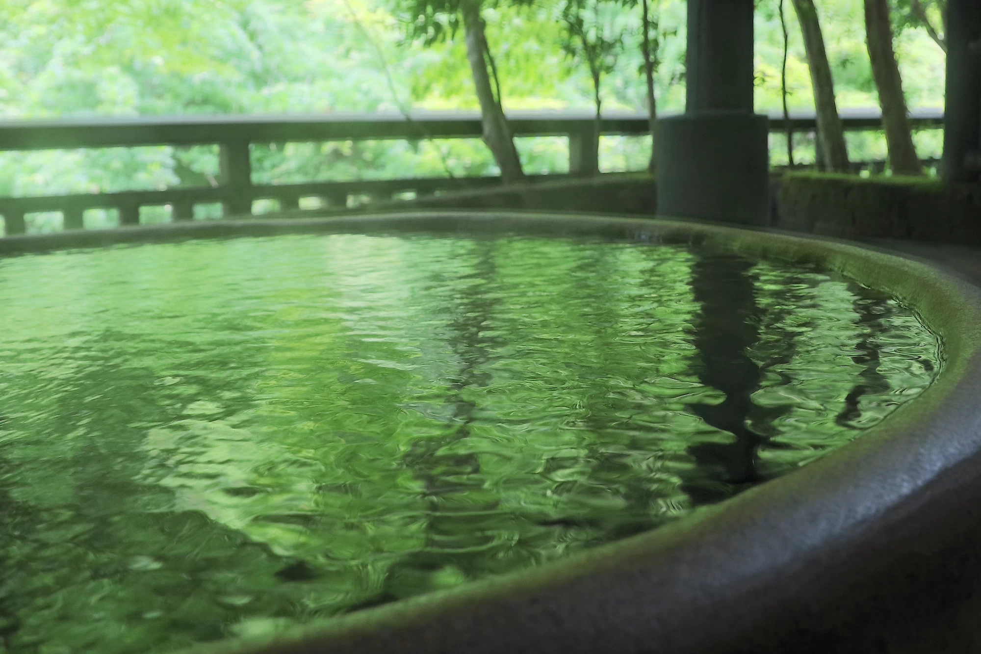 緑が映る貸切の六尺桶風呂
