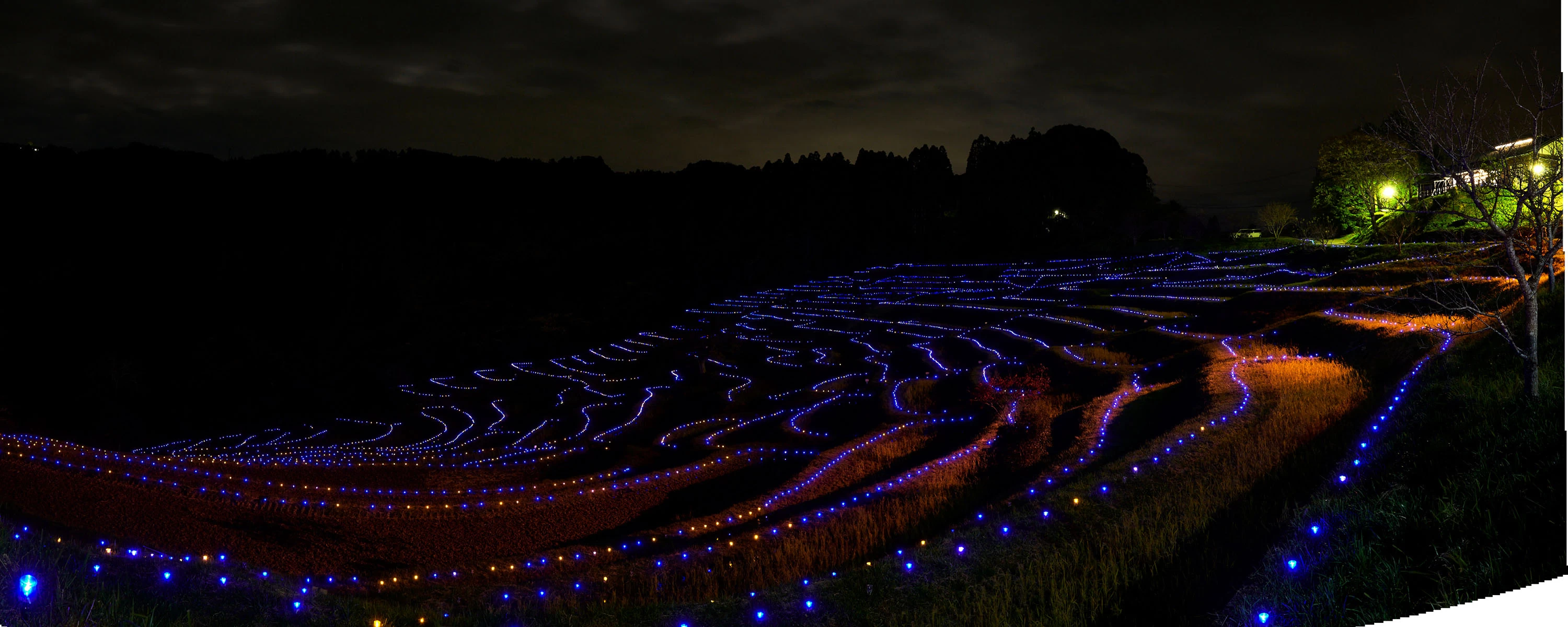 太陽光のLEDを棚田に沿って1万本並べたイルミネーション
