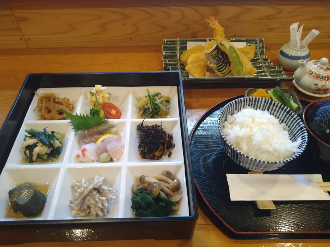 天ぷら5品に総菜9品も付いた昼御膳