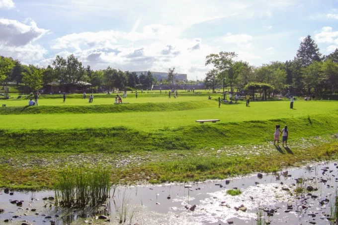 棚田状の「芝生広場」。春には約300本の桜が開花