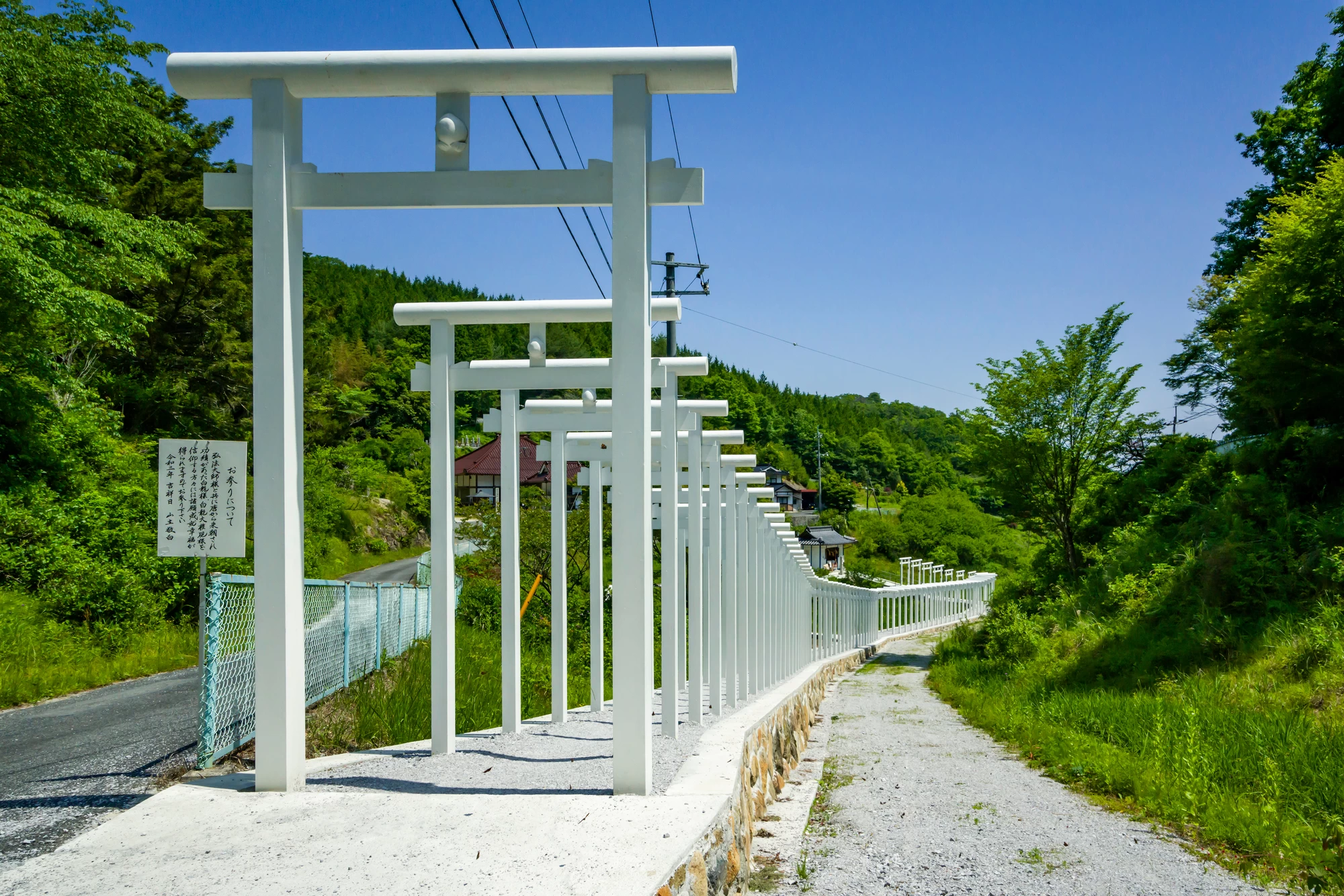 季節の花と白い門、青空とのコントラストが写真映えすると人気