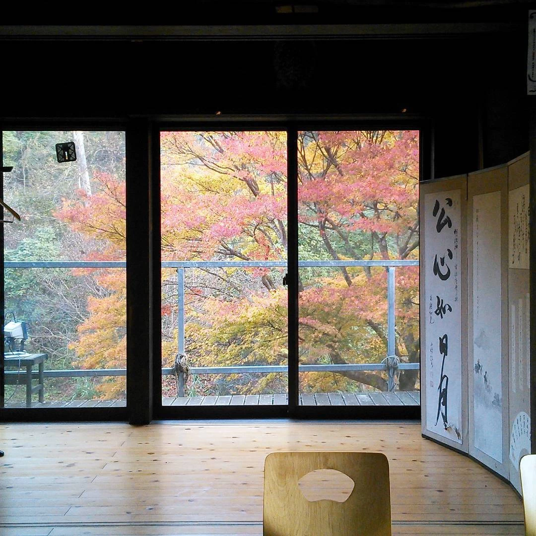 秋には店内から鮮やかな紅葉を眺められる