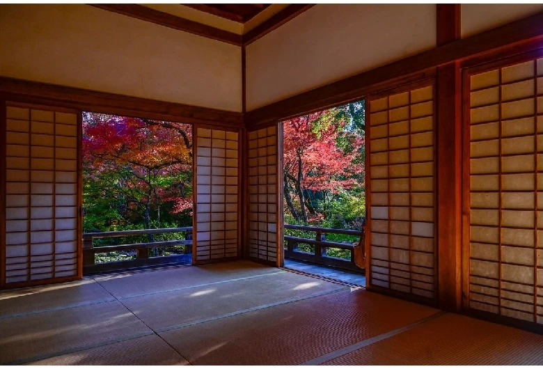 本堂の中から見た紅葉の庭園