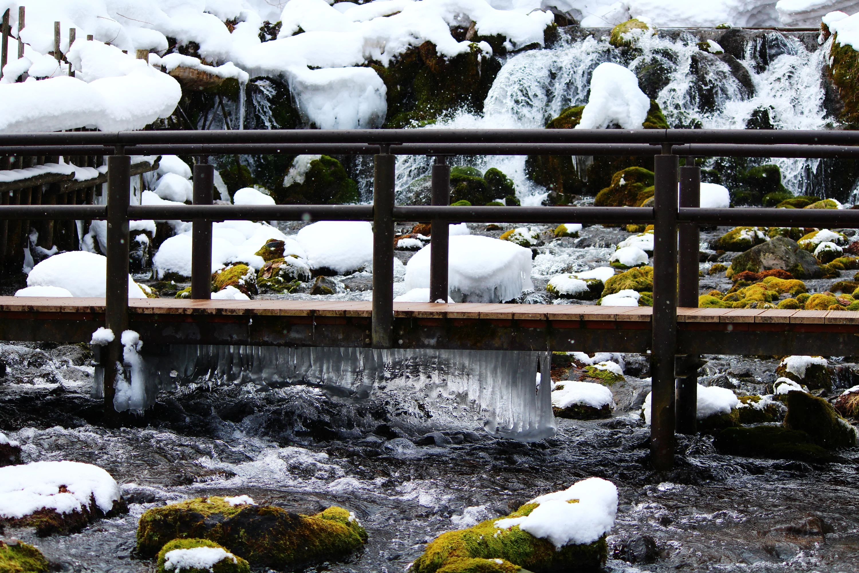 雪と氷、流れが織りなす冬の芸術的風景